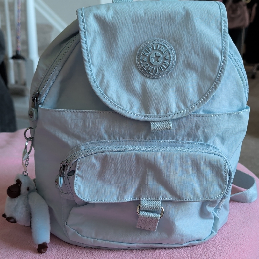Kipling Pastel Blue Nylon Mini Backpack with Monkey Charm